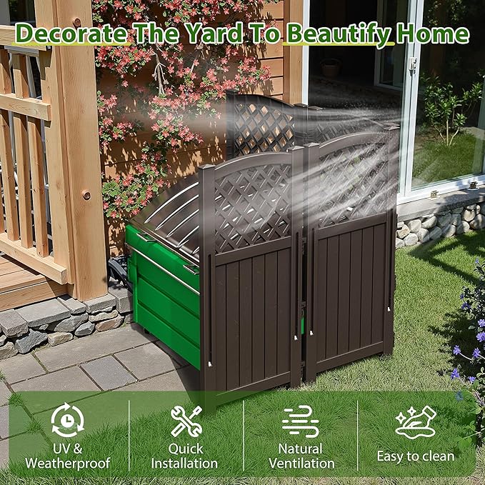 Devoko Outdoor Privacy Fence, 4 Fence Panels Privacy Screen Panels for Outside and Yard, Resin Air Conditioner Lattice Fence for Trash Can (Brown)