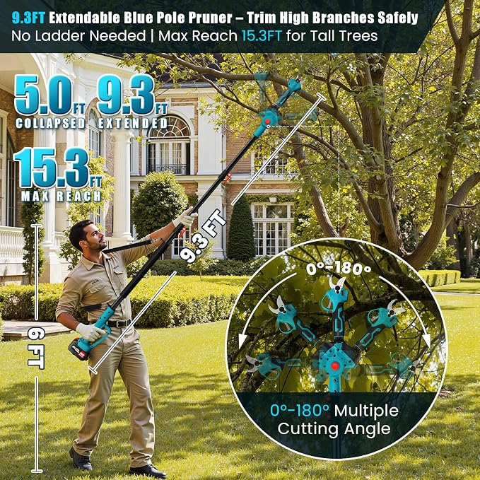 ANBULL 2-in-1 Pole Pruning Shears Cordless, 1.6" Cutting Diameter Cordless Pruner with 15.3FT Reach Extension Pole, Brushless Motor, 2×21V 4.0Ah Battery Powered Pole Pruner for Tree Trimming Garden