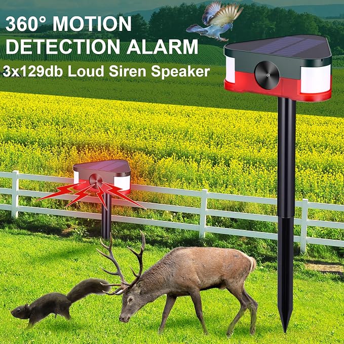 Qualirey 2 Pack 360° Solar Outdoor Motion Sensor Alarm 4 Modes Ultrasonic Animal Deterrent with 3 Loud 129dB Sirens Flashing Light Remote Control for Yard Garden Farm Repel Deer Coyote Raccoon Dog