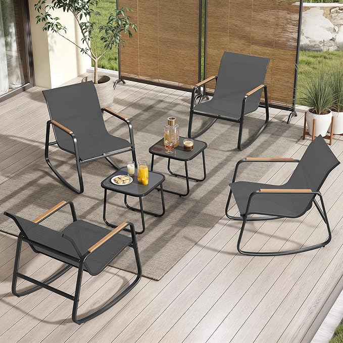 YITAHOME 6 Piece Rocking Bistro Set, Outdoor Patio Furniture Set with Wooden Armrests, 4 Porch Chairs with 2 Glass Table for Lawn, Garden, Balcony, Poolside, Dark Gray