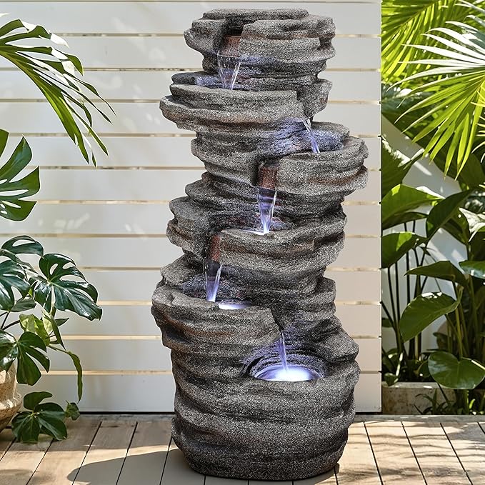 AUTODAYA 6-Tier Rock Outdoor Water Fountain, 40in Tall Oversized Fountains for Outside, Relaxing Cascading Waterfall for Tranquil Outdoor Garden Patio Garden Backyard Oasis