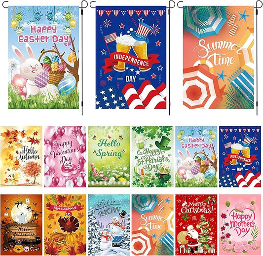Seasonal Garden Flags Set of 12, Holiday Garden Flag 12x18 Inch Double Sided for Valentine's Day Easter Christmas Halloween Outdoor Decor, All Seasons Holiday Decorations