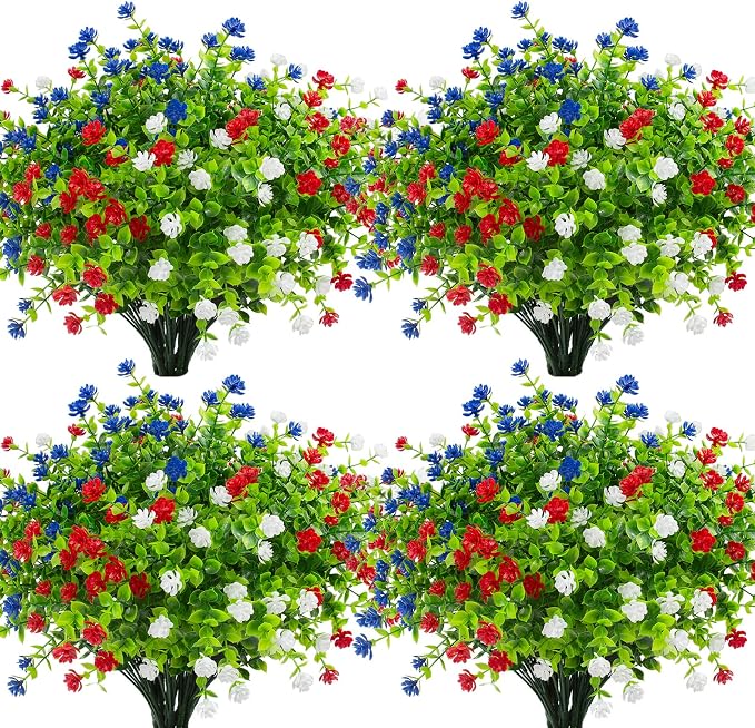 Hananona 12 Pcs Artificial Flowers Outdoor, Faux Artificial Plants UV Resistant Plastic Patriotic Flower Bulk for 4th of July Hanging Planter Porch Window Home Summer Decor 12, Red, White, Blue