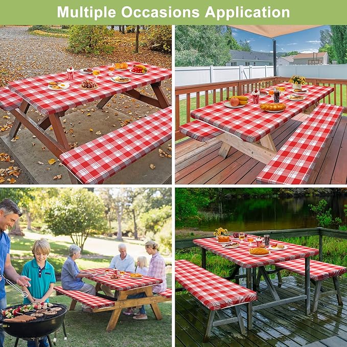 Play Tailor Picnic Table Cover with Bench Covers Camping Essentials Waterproof Windproof Camping Tablecloth with Drawstring Bag, Fitted Rectangle Tables and Seats, 72in, Red Checkered