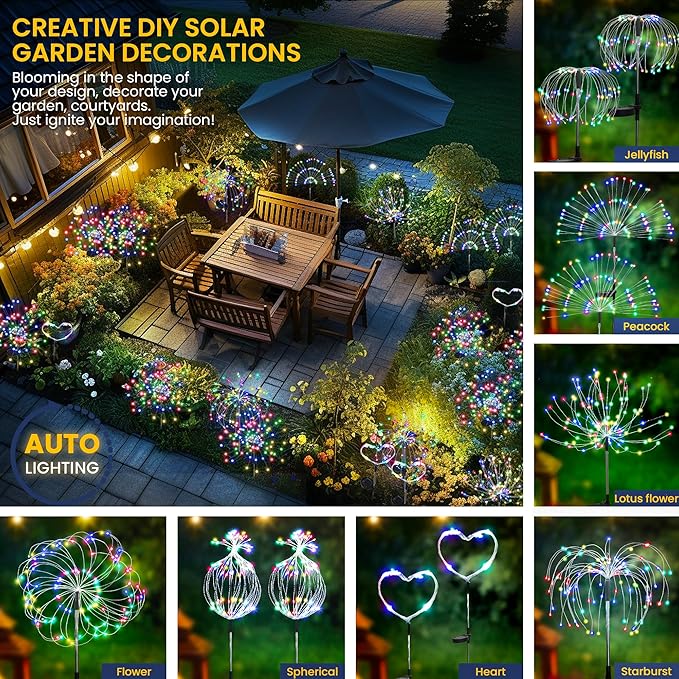 GIGALUMI Garden Decor Outdoor Lights 120LED 2Pack, Solar Garden Lights Outside Fairy Firework Decorative,Solar Powered for Yard Pathway Flowerbed Planter Balcony Patio 4th of July Decor (Multicolor