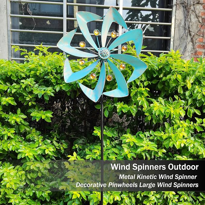 Metal Wind Spinners Outdoor, 360° Yard Wind Spinner Outdoor with Stake, Kinetic Windmill for Yard and Garden, Lawn, Patio, 33.5"× 10" (Green Copper)