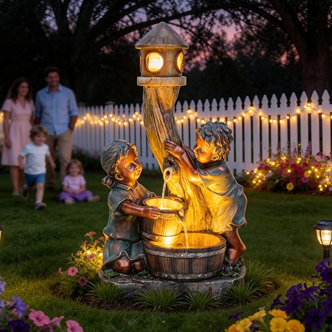 AUTODAYA 31" Boy & Girl Outdoor Water Fountain with LED Lights, Pagoda and Wood Barrel Garden Fountain, 3-Tier Cascading Waterfall for Tranquil Backyard, Patio or Porch, Faux Bronze Finish