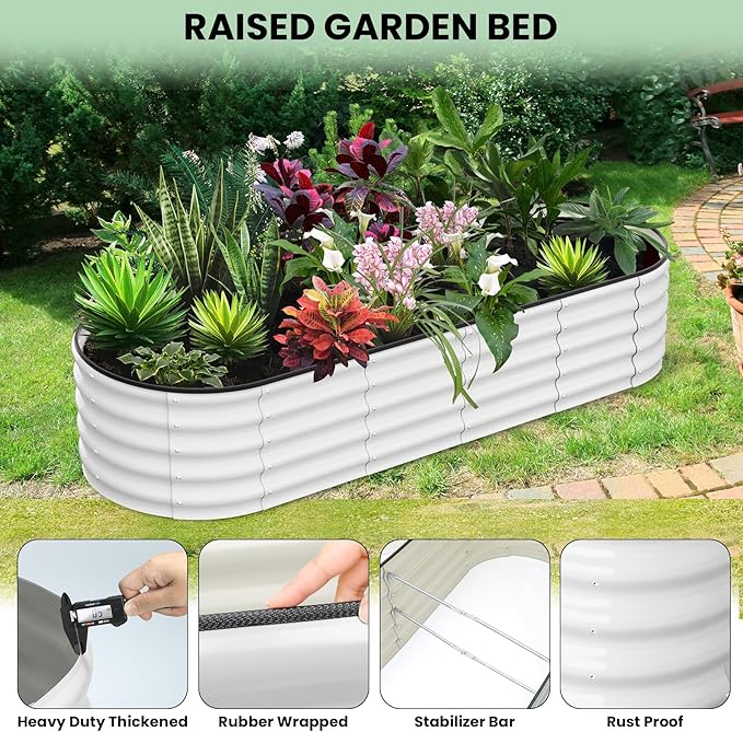 CABIHOME Garden Raised Garden Bed Kits, 8x2x1 ft Metal Raised Planter Bed, Open-Ended Base Garden Boxes Outdoor Galvanized Planter for Vegetables Flowers Rubber Edge, White