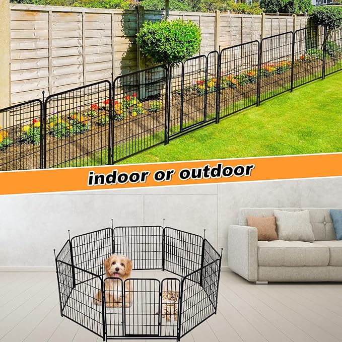 Getlay 36 in(H) Garden Fence With Gate, Wide Gate Low Threshold, 8 Panels Total 17.7 ft(L) Heavy Duty Iron Animal Barrier Fence For Yard, Suitable For Indoor Or Outdoor Dog Fencing,Garden Border Fence