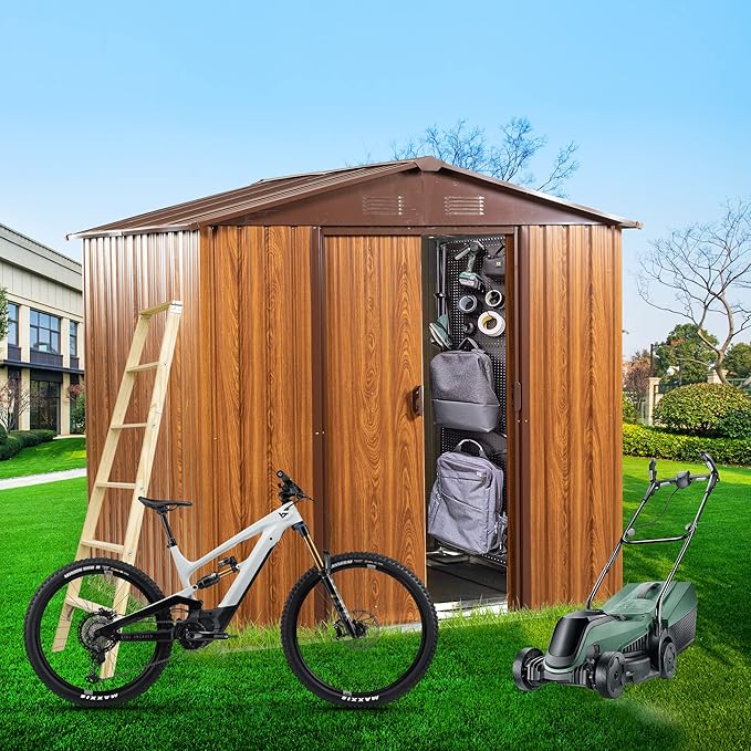 Outdoor Metal Storage Shed 6FT x 6FT, Galvanized Steel Frame Garden Shed, Sliding Lockable Doors, 4 Vent System, Weather-Resistant Metal Storage House with Foundation Kit,Shelf & Hooks, Yellow Brown