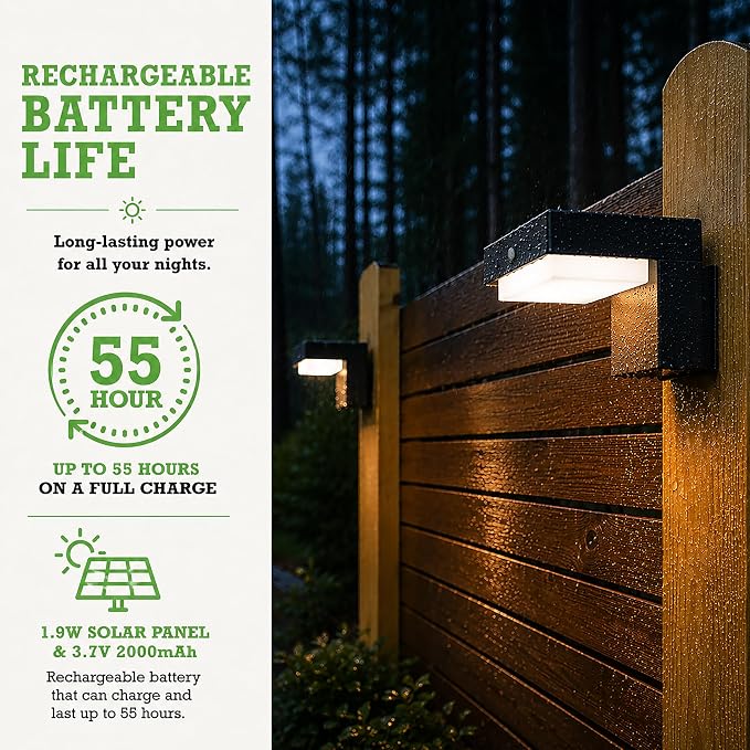 Square Solar Wall Lights - Solar Powered Wall Lamps - LED Lights - PIR Sensor & Two Lighting Modes - Rechargeable Battery Lasts Up to 55 Hours - 3000K - IP44 Weather Resistant - 2 Pack