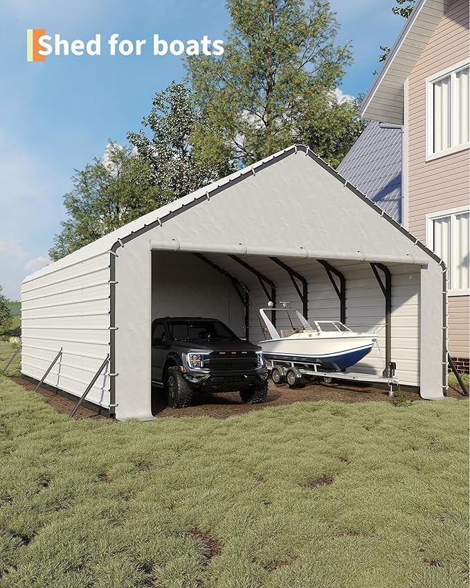 Carport Enclosure Kit for 20x26 20x21 20x16 Metal Carports, 2-Pack Heavy-Duty 220gsm PE Roll-Up Zipper Door Panels, Front & Back Cover with Ball Bungees,White
