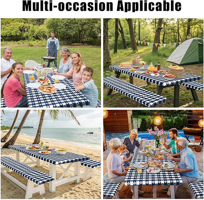 Smiry Picnic Table Cover with Bench Covers, Waterproof Elastic Fitted Tablecloth for 5 Foot Tables, Washable Polyester Tablecloths for Camping & Indoor (Dark Blue & White, 30x72 Inch 3-pc Set)
