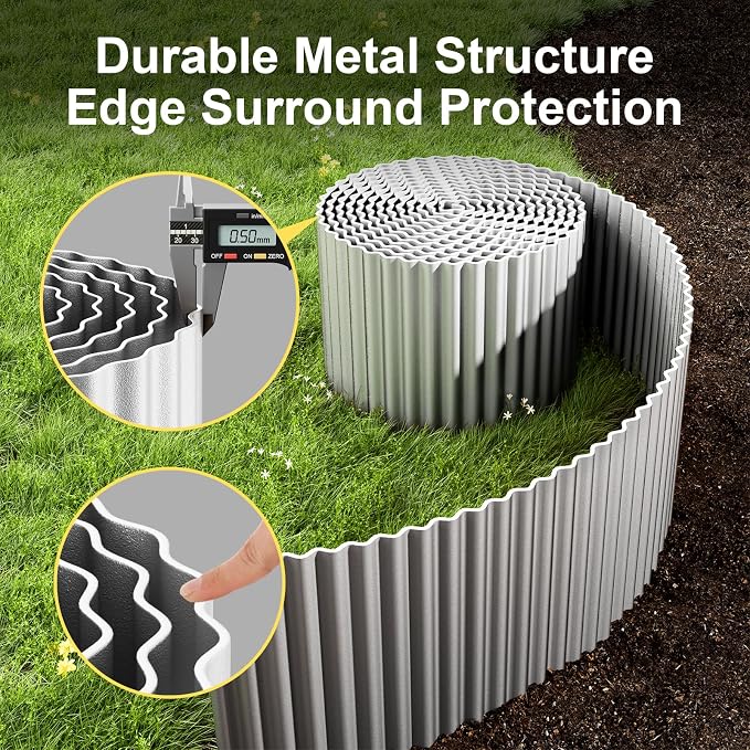 Land Guard Corrugated Garden Edging Border, 6" x 25' Landscape Paver Edging, Tall Landscape Edging, Fence for Garden, Flower Bed, Lawn and Landscape Edging (Silver)