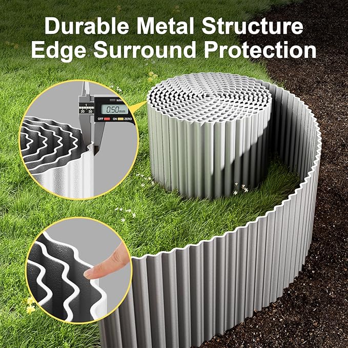 Land Guard Corrugated Garden Edging Border, 6" x 100' Landscape Paver Edging, Tall Landscape Edging, Fence for Garden, Flower Bed, Lawn and Landscape Edging(Silver)