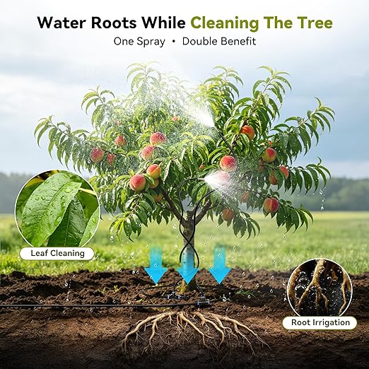 High-Flow Tree Irrigation System, 15FT 12mm Hose & 2Pcs 6.5FT Adjustable Nozzles, for Tree Roots & Canopies Irrigation, Leaf & Fruit Cleaning, Ideal for Fruit Trees & Ornamental Trees