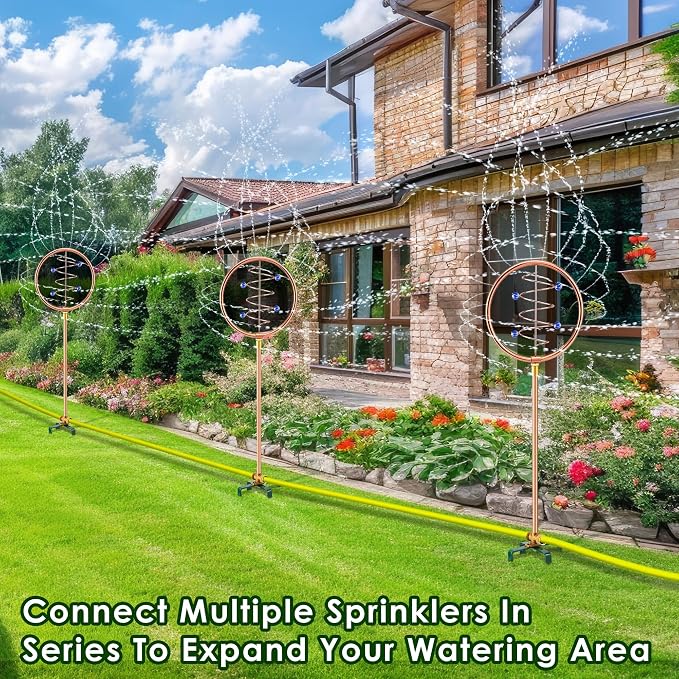 34" H Copper Coated Stainless Steel Ornamental Sprinkler, Corrosion Resistant Garden Rotating Sprinkler 360 Degree Shape Decorative for Lawn Garden Landscape(Wave Circle)