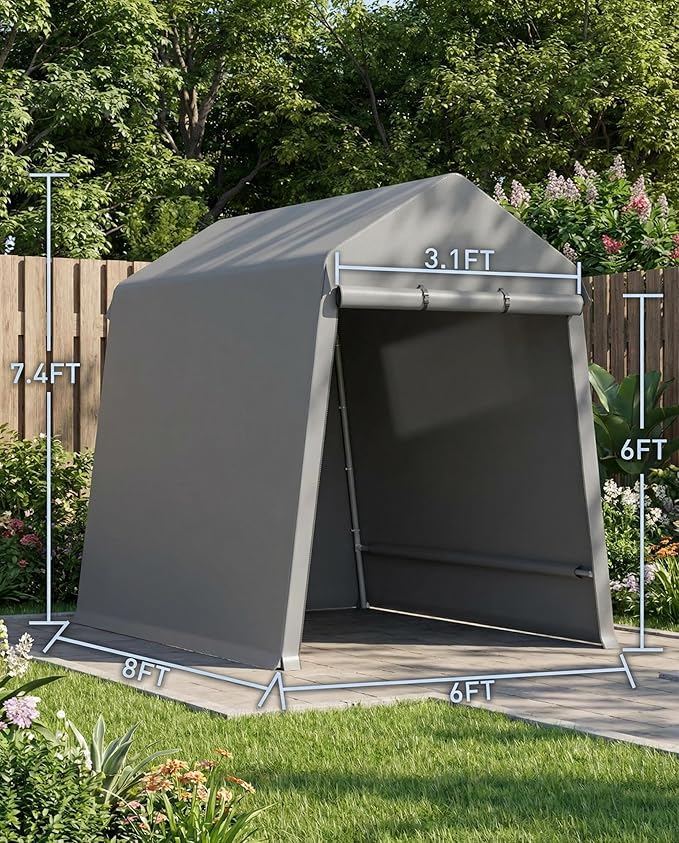 Garvee 6X8 Ft Outdoor Storage Shed, 2 Rolled Up Zipper Doors Portable Storage Shed, Waterproof Cover Vents Carports Temporary Shelter for Bike, Motorcycle, Gardening Tools, Generator, Grey
