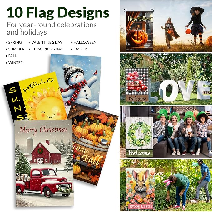 Seasonal Garden Flags Set of 10 for Outside, Yard Flags 12x18 inch Double Sided, Outdoor Small Garden Spring Summer with Anti-Wind Clip and Stopper, Holiday Lawn Decorative Decor Fall