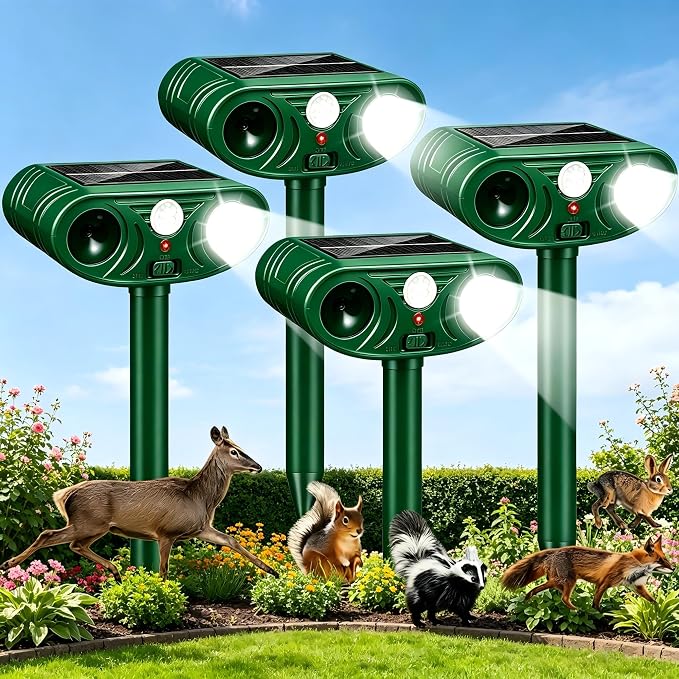 4 Pack Sonic Fortress Pro Deer Repellent Solar Animal Repeller Outdoor, Ultrasonic Cats Deterrent with Motion Sensor & Flashing Light, Deer Rabbit Squirrel Raccoon Fox Cat Repellent for Yard Garden