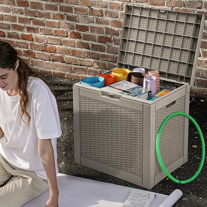 DWVO 32 Gallon Indoor Outdoor Storage Box, Resin Rattan Small Deck Box for Patio Furniture, Cushions, Garden Tools, Sports Equipment,Brown