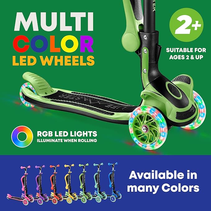 3 Wheel Scooter for Kids with Foldable Seat, Adjustable Handlebar Height, Lean-to-Steer Ride On Toy for Kids Ages 2+, Light-Up LED Wheels, Wide Anti Slip Deck, Indoor & Outdoor Use