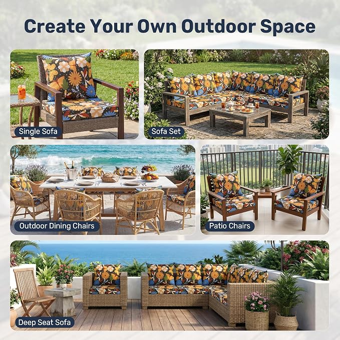 UNIKOME Outdoor Seat Cushions 24 X 24 Inch - Water-Resistant & Fade Resistant, Removable Cover Patio Furniture Cushions for Chair, Sofa, Couch, Wicker, Flower