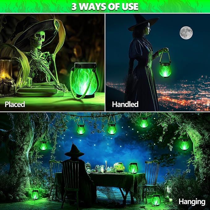 iBaycon 2 Pack Solar Lanterns Lights, Halloween Flickering Flame Garden Lights with 2 Modes Dual Charging USB & Solar, Outdoor Waterproof Hanging Lantern for Party Holiday Halloween Decor (Green)