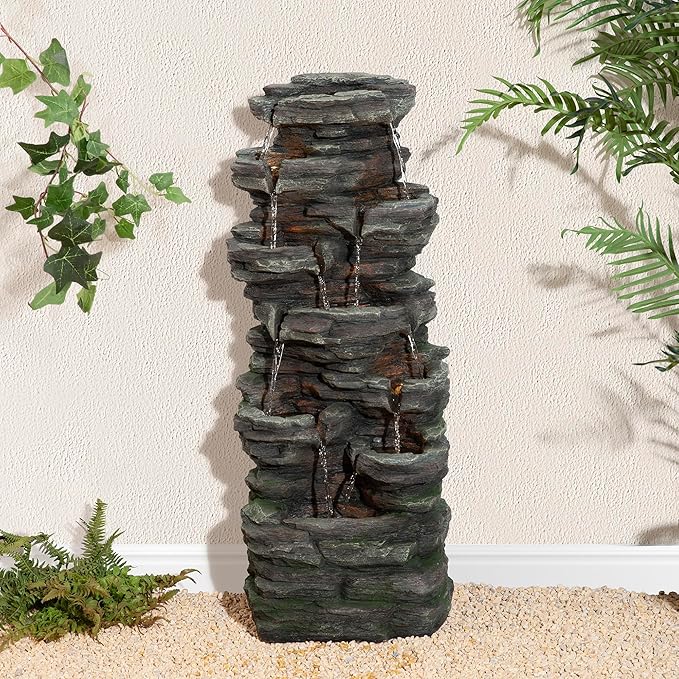 Glitzhome Outdoor Water Fountain, 9-Tiered Rock Floor Fountain with Cascading Water, 39.25" H Polyresin Waterfall Fountain with Pump and LED Light Outdoor Water Feature for Garden Yard Patio Porch