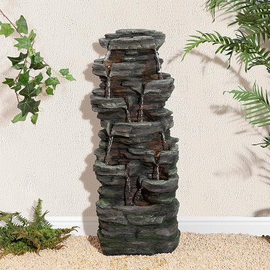 Glitzhome Outdoor Water Fountain, 9-Tiered Rock Floor Fountain with Cascading Water, 39.25" H Polyresin Waterfall Fountain with Pump and LED Light Outdoor Water Feature for Garden Yard Patio Porch