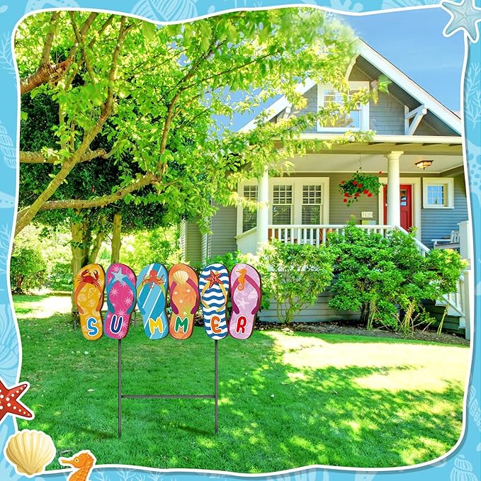 Weysat Summer Metal Yard Signs 15. 7 Inch Flip Flops Decoration Outdoor Beach Yard Decorations with Stakes Waterproof Slipper Sign Summer Pool Beach Decor for Home Garden Patio Lawn Party