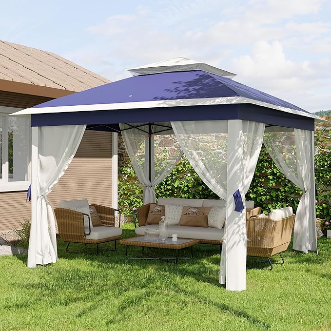 GarveeLife 11'x11 Pop-Up Gazebo, Instant Outdoor Canopy Tent with Mosquito Nettings, Durable Steel Frame, Water, and UV Proof, for Patio, Garden, Courtyard, Party (Blue)