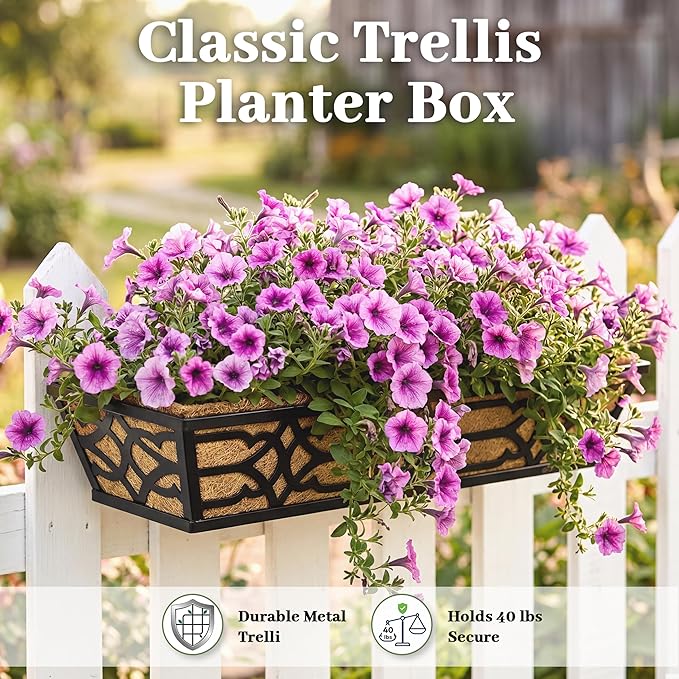 4 Pack 30 Inch Window Boxes Planters with Coco Liner, Large Metal Railing Planter Boxes for Deck, Heavy Duty Hanging Trough for Fence and Front Porch Garden Flower Display