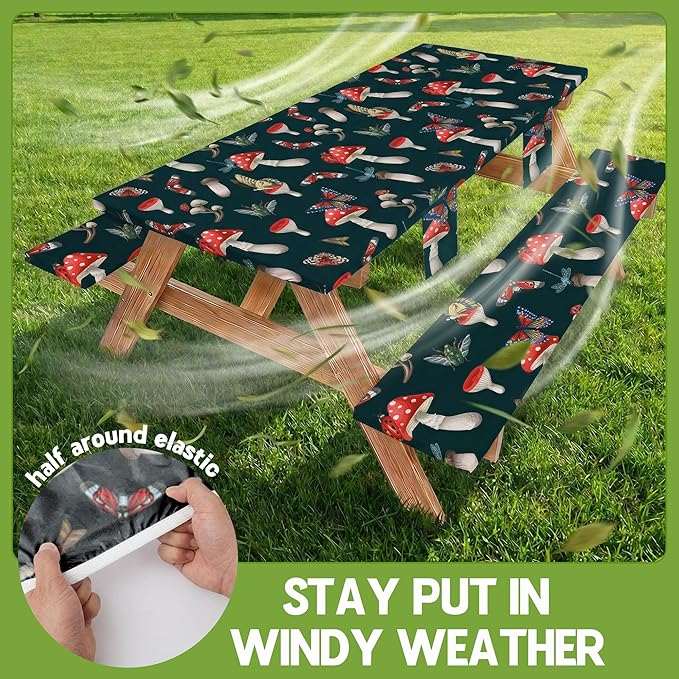Picnic Table Cover with Bench Covers Elastic Tablecloth Camping Essentials Table Cloth Outdoor Glamping Cool Fun Unique Ideas Birthday Camping Gifts for Mother Mama Mommy Mom from Daughter Son Black