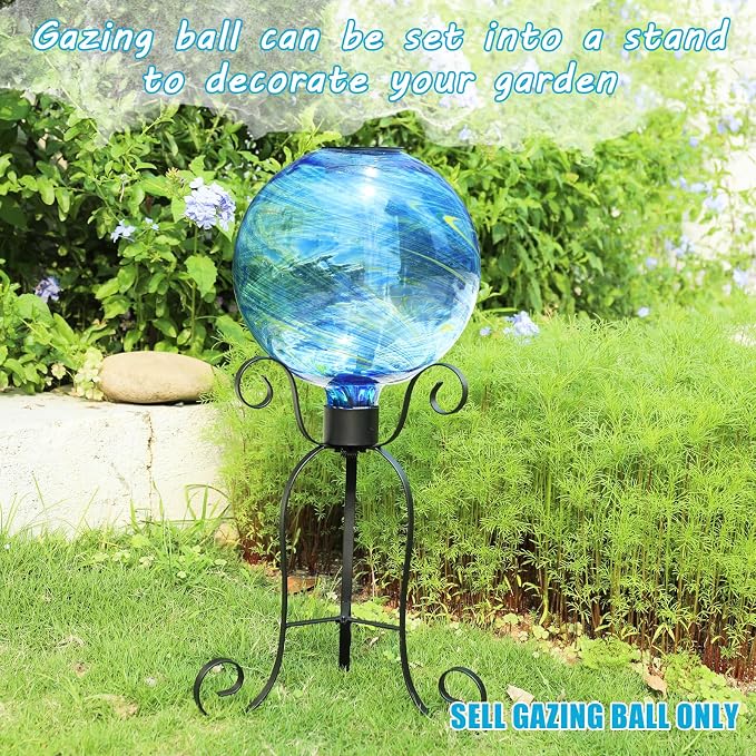 VCUTEKA Solar Gazing Ball, Glass Gazing Balls Sphere with Solar Light for Garden Lawn Outdoor Ornament Yard Decorative, Blue Swirl, 10"