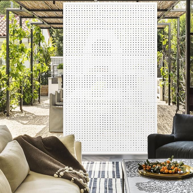 Prolee Metal Privacy Screen Outdoor 6 x 3.7 Ft, Decorative Fence for Patio Screen Freestanding, Outdoor Privacy Panels with Stable Heavy Base for Deck, Porch and Balcony (White)