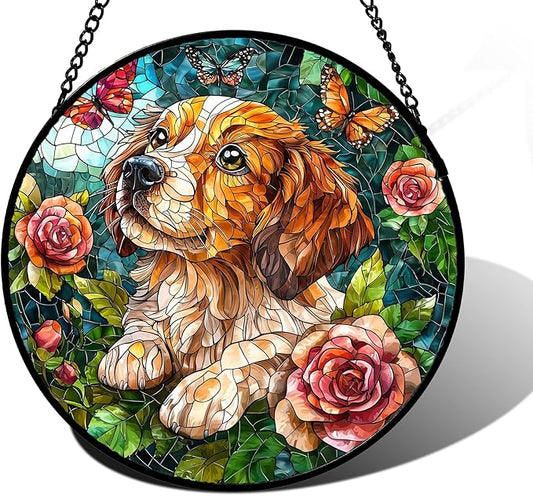 DASTOLL Stained Glass Window Hanging, Dog and Rose Suncatcher for Doors Home Butterfly Sun Catchers Decoration and Christmas, Mother's Day Birthday Gifts for Women, Men, and Mom 7.8 in