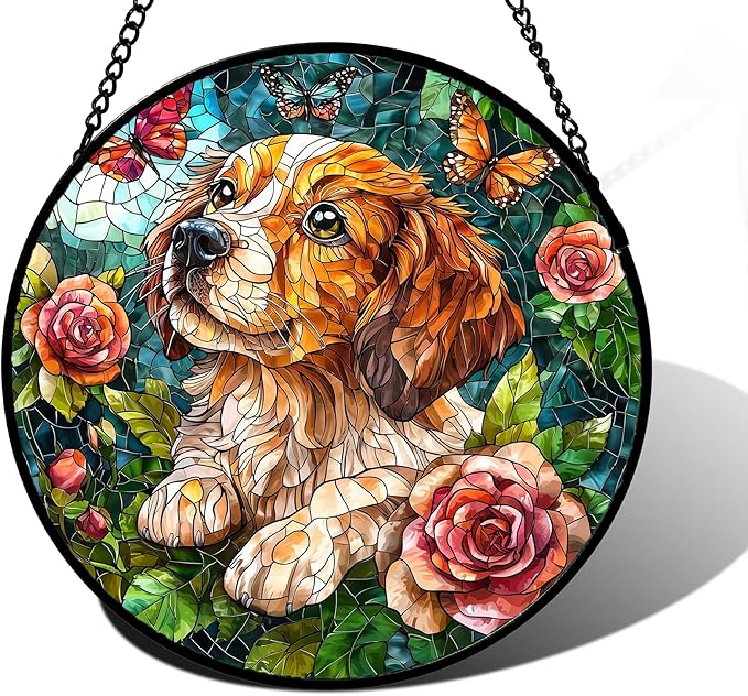 DASTOLL Stained Glass Window Hanging, Dog and Rose Suncatcher for Doors Home Butterfly Sun Catchers Decoration and Christmas, Mother's Day Birthday Gifts for Women, Men, and Mom 11.8x11.8 in