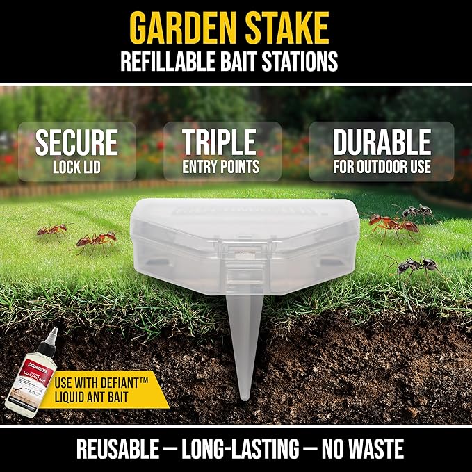 Catchmaster DEFIANT Outdoor Reusable Garden Stakes Ant Traps (5 Pack) – Kills Ants in Garden, Soil or Mulch - Liquid Ant Killer Bait NOT Included – No Mess, Discreet Bait Stations for Pest Control