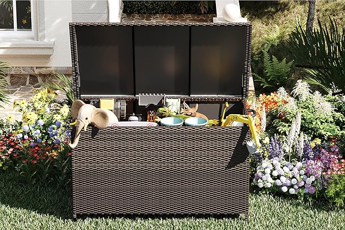 125 Gallon Outdoor Deck Box with Wheels, All-Weather PE Wicker & Aluminum Frame, Waterproof Patio Storage for Cushions, Garden Tools, Pool Toys, Lockable Storage Box with Soft-Close Lid,Brown