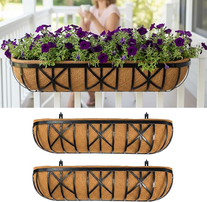 LaLaGreen 36 Inch, 2 Pack Railing Planters with Coir Liner – Large Black Metal Window Boxes with Adjustable Brackets for Wall Mounting, Herb Pots, Balcony & Fence Planter for Patio, Porch, Garden