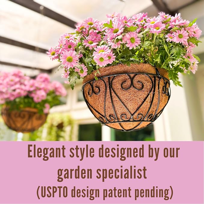 LaLaGreen Hanging Baskets for Plants (16 Inch, 4 Pack) Extra Large Hanging Flower Pot with Coco Liner Black Metal Wire Round Plant Holder with Hanger Hook Chain Outdoor Patio Deck Balcony Garden Decor