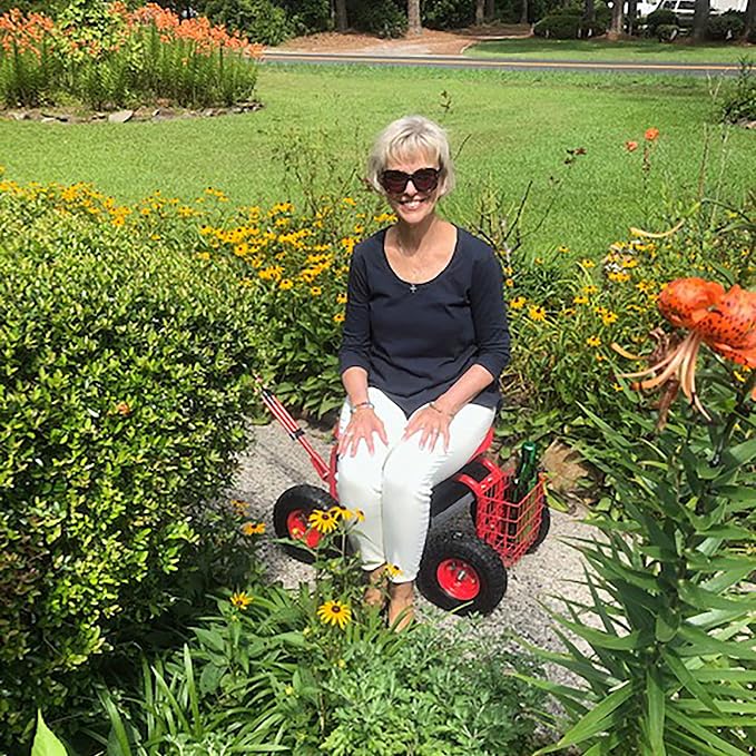 Sunnydaze Garden Seat with Wheels - Rolling Gardening Seat - Garden Stool on Wheels with Adjustable Handle and Utility Tray - Red