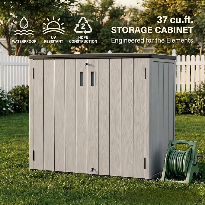 37 Cu. Ft Outdoor Storage Box, Waterproof Resin Shed with Lockable Lid, Horizontal Outdoor Storage Cabinet for Patio Garden Lawn Mower Bike Tools, Wood-Like HDPE Panels, Easy Assembly