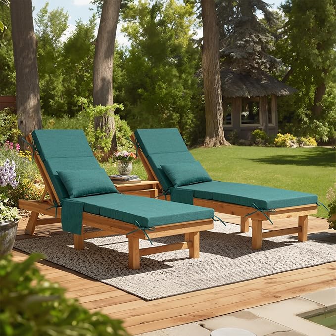 Crestlive Products Foldable Outdoor Chaise Lounge Cushions with Head Pillow and Side Pockets,Water Repellent & Fade Resistant Lounge Chair Cushion, 72''L x 21''W, Set of 2, Malachite