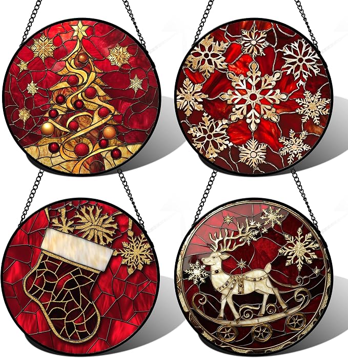 DASTOLL Stained Glass Window Hanging 4 Pcs Set Red Christmas Elk Snowflakes Large 11.8" - Deer Suncatcher Door Garden Sun Catcher Decor Birthday for Mom Woman Nana Men Friend