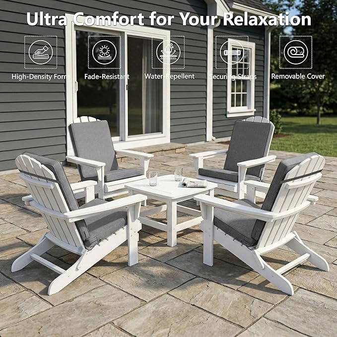 Adirondack Chair Cushions Set of 4 - Removable Covers, Water-Repellent & Fade-Resistant Faux Linen, Securing Straps, Non-Slip Bottom, Fit for Most Outdoor Adirondack & Rocking Chairs - Dark Grey