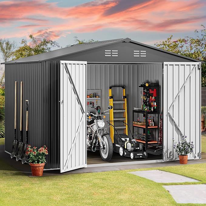 DWVO 10x8ft Outdoor Storage Shed, Large Metal Tool Sheds, Heavy Duty Storage House with Lockable Doors & Air Vent for Backyard Patio Lawn to Store Bikes, Tools, Lawnmowers, Dark Gray