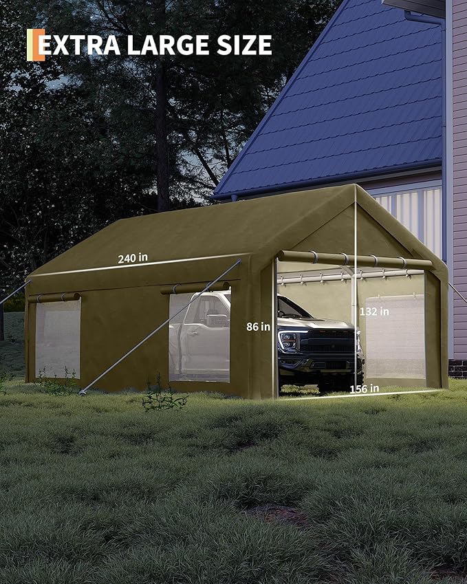 GarveeLife 13x20 ft Carport with 8 Sandbags, Car Port with 220 g PE Tarp, 2 Roll-Up Doors, and 4 Windows, for Full-Size Pickups, Bass Boats, Tractors, and SUVs, Khaki