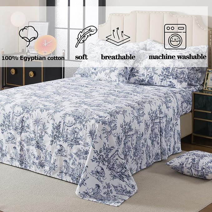FADFAY Toile Sheet Set Cal King Classic Blue & White 100% Egyptian Cotton French Country Bedding Toile de Jouy Pastoral Scenic Farmhouse Bedding Deep Pocket Sheets Breathable Soft for All Seasons 4Pc